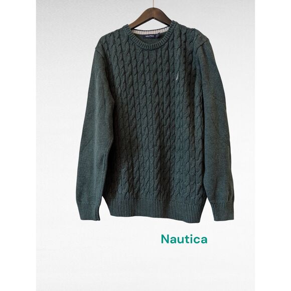 Vtg.  Nautica crewneck cable-knit dark green long sleeve sweater  Sz L - Picture 1 of 8